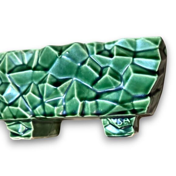 Vintage USA Pottery Green Geometric Textured Planter 8 Inch Rectangular - Picture 8 of 9